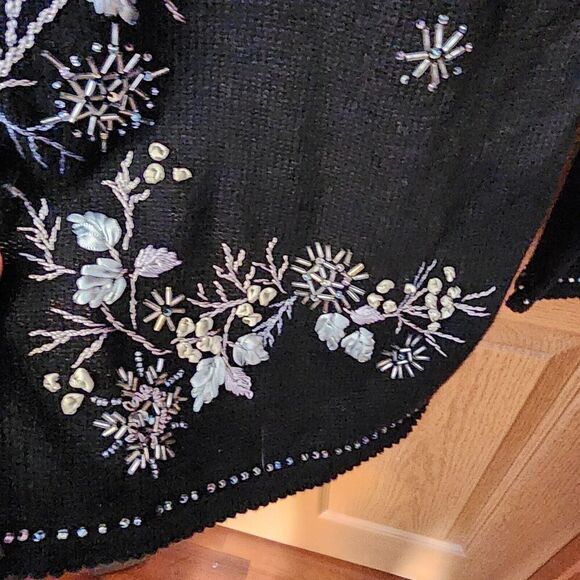 Stitches In Time Black Sweater Cardigan Size L Beading & Embroidered Cottagecore - Picture 4 of 16